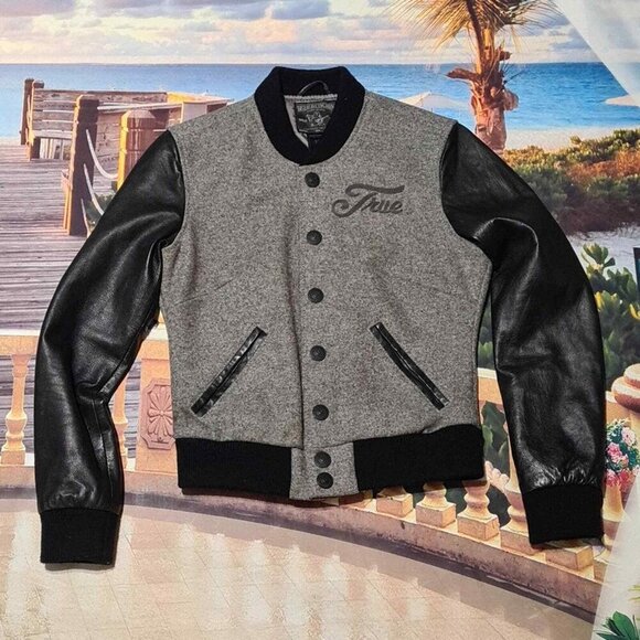 True Religion Black Gray Bomber Jacket Size XS - Picture 8 of 9